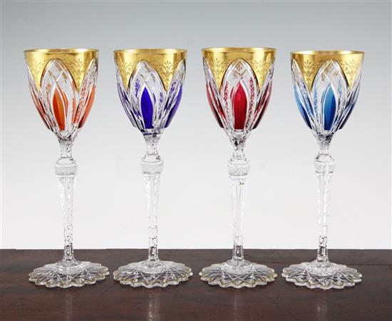 A set of four St Louis colour flash and cut hock glasses, 20th century, 22.5cm